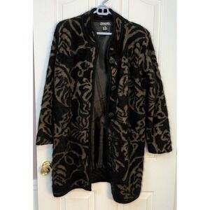 VENESHA Black & Brown Angora Thigh Length Patterned Sweater Jacket Size Small
